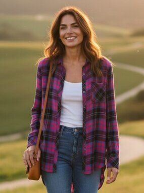 Rails Hunter Plaid Rayon Flannel Button-Down Shirt Pink/Red Blue Black sz S
